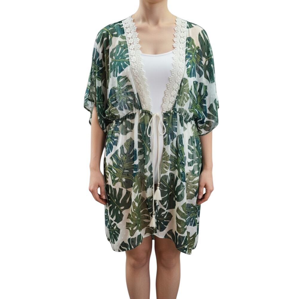 NWT Club Z Collection 2X Green Palm Tree Cover Up Open Front Tie Waist Beach